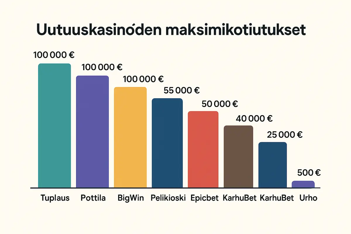 Pylväskaavio: uusien suomalaisten kasinoiden maksimikotiutukset euroissa